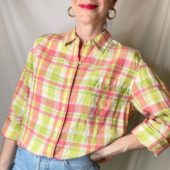 Vintage linen button-down shirt long sleeve plaid blouse watermelon pink green M - Picture 13 of 17